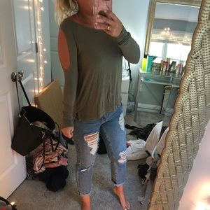 Cutout sleeves, olive green long sleeve